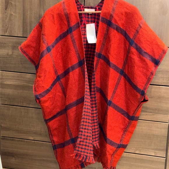 NWT LOFT Reversible Red and Blue Plaid Poncho - Picture 2 of 7